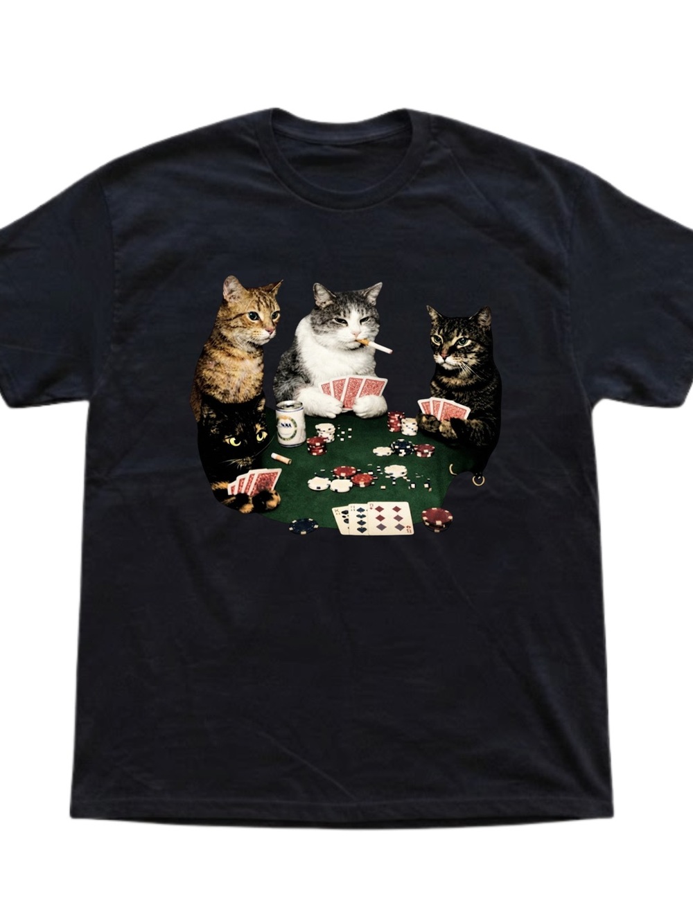 Poker Cats Drinking Graphic Black Cotton Gildan T-Shir